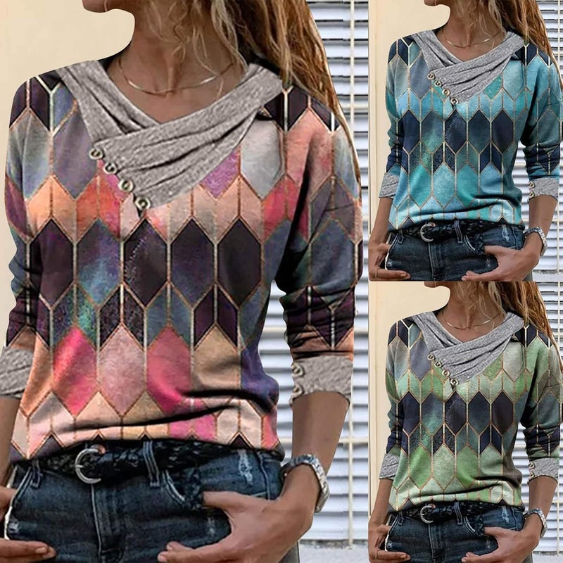 woobles Womens Sweatshirts for Ladies Tie Dye Printed Embroidery Collar Tunic Gradient Blouses Long Sleeve Pullovers - Image 3